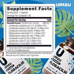 UMZU Floracil50 capsules closeup emphasizing Lactobacillus strains for gut health.