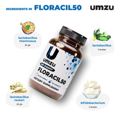 UMZU Floracil50 label detail noting CGMP quality and lab testing for reliability.