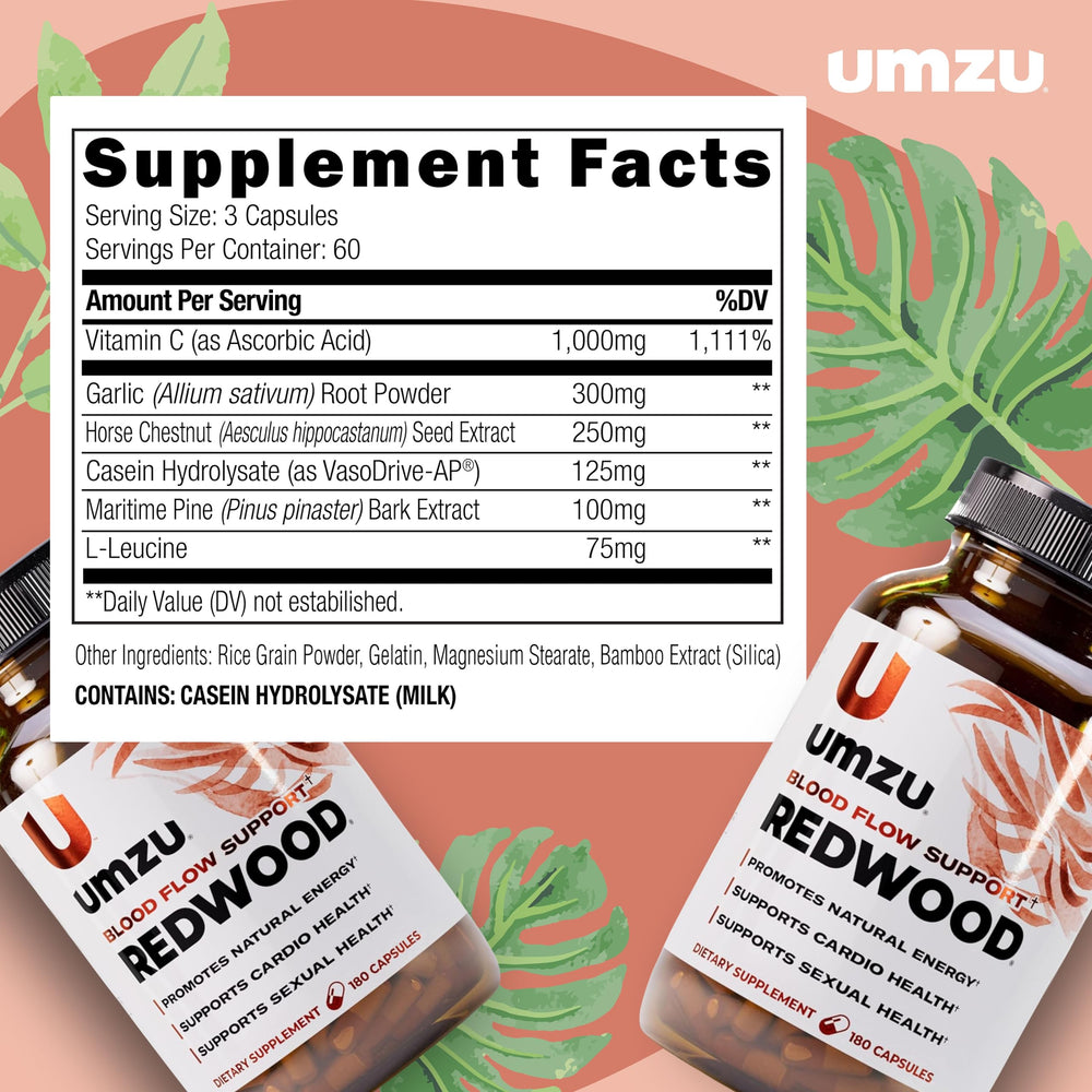 UMZU Redwood pine bark shown for cardiovascular support and vascular health.