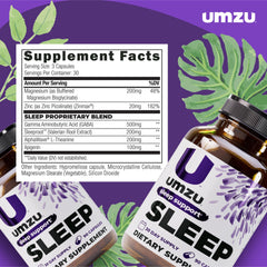 UMZU Sleep ingredient label closeup featuring GABA and L-theanine benefits.