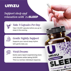 UMZU Sleep zinc herbal extracts label closeup for nervous system balance.