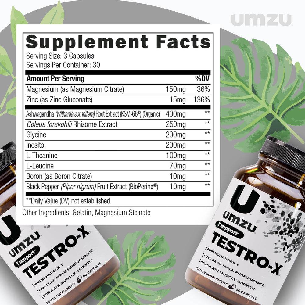 UMZU Testro-X ingredient detail featuring Ashwagandha for stress response.