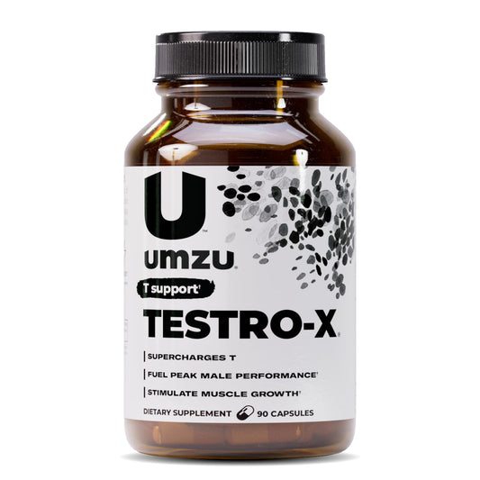 UMZU Testro-X bottle front view for daily energy and focus support.
