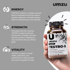 Close-up of UMZU Testro-X capsules showing convenient daily recovery support.