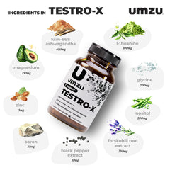 UMZU Testro-X label detail highlighting clean ingredients and quality standards.