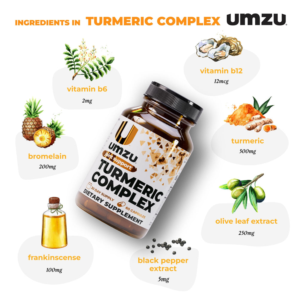 UMZU Turmeric Curcumin label with bromelain and boswellia highlights joint support ingredients