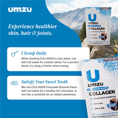 UMZU zuCollagen Chocolate ingredient closeup showcases five peptide types.