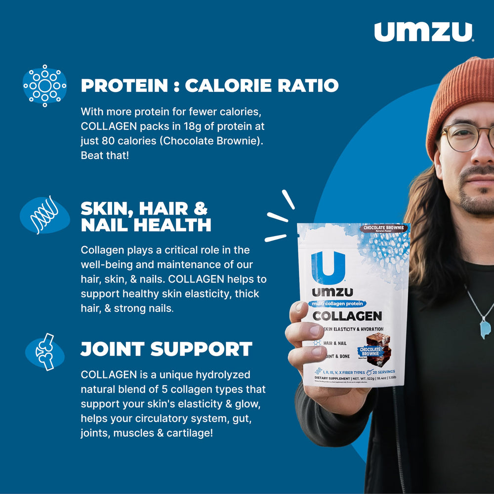 UMZU zuCollagen Chocolate scoop shows convenient 20g protein per serving.