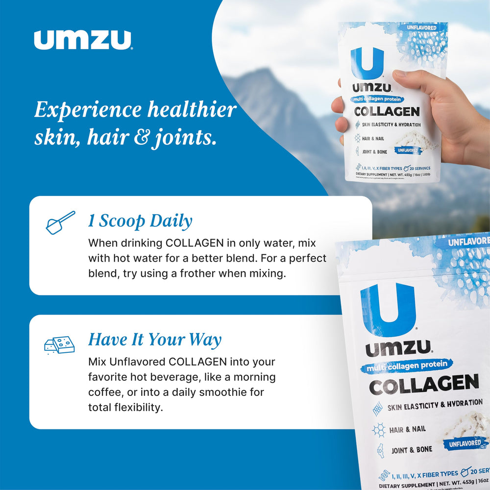 UMZU zuCollagen-unflavored-powder blending into hot tea for versatile use.