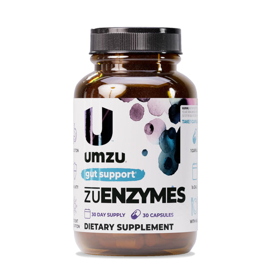 UMZU zuEnzymes bottle front showing 21-enzyme blend for digestion support.