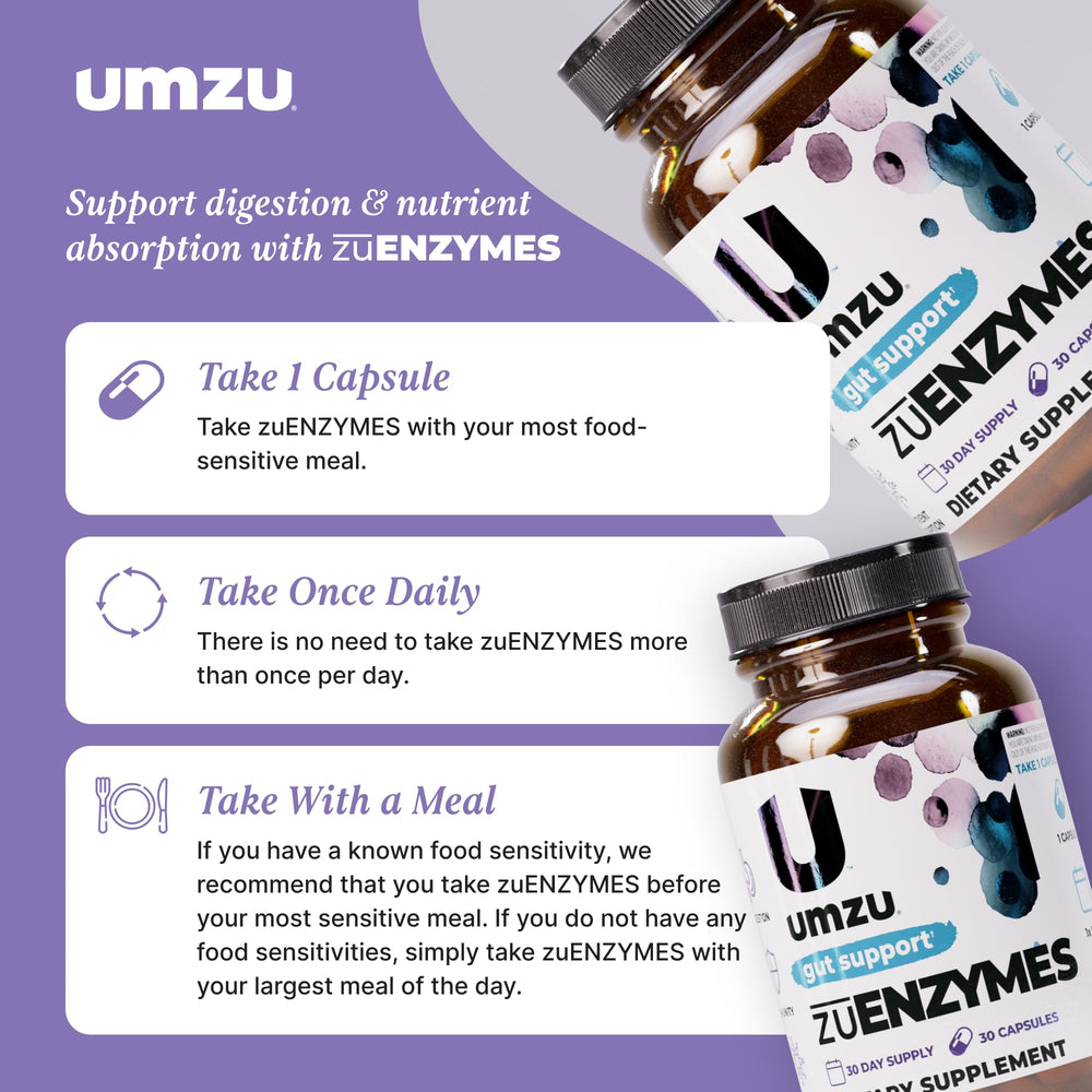UMZU zuEnzymes bottle pouring capsule to illustrate easy daily use.
