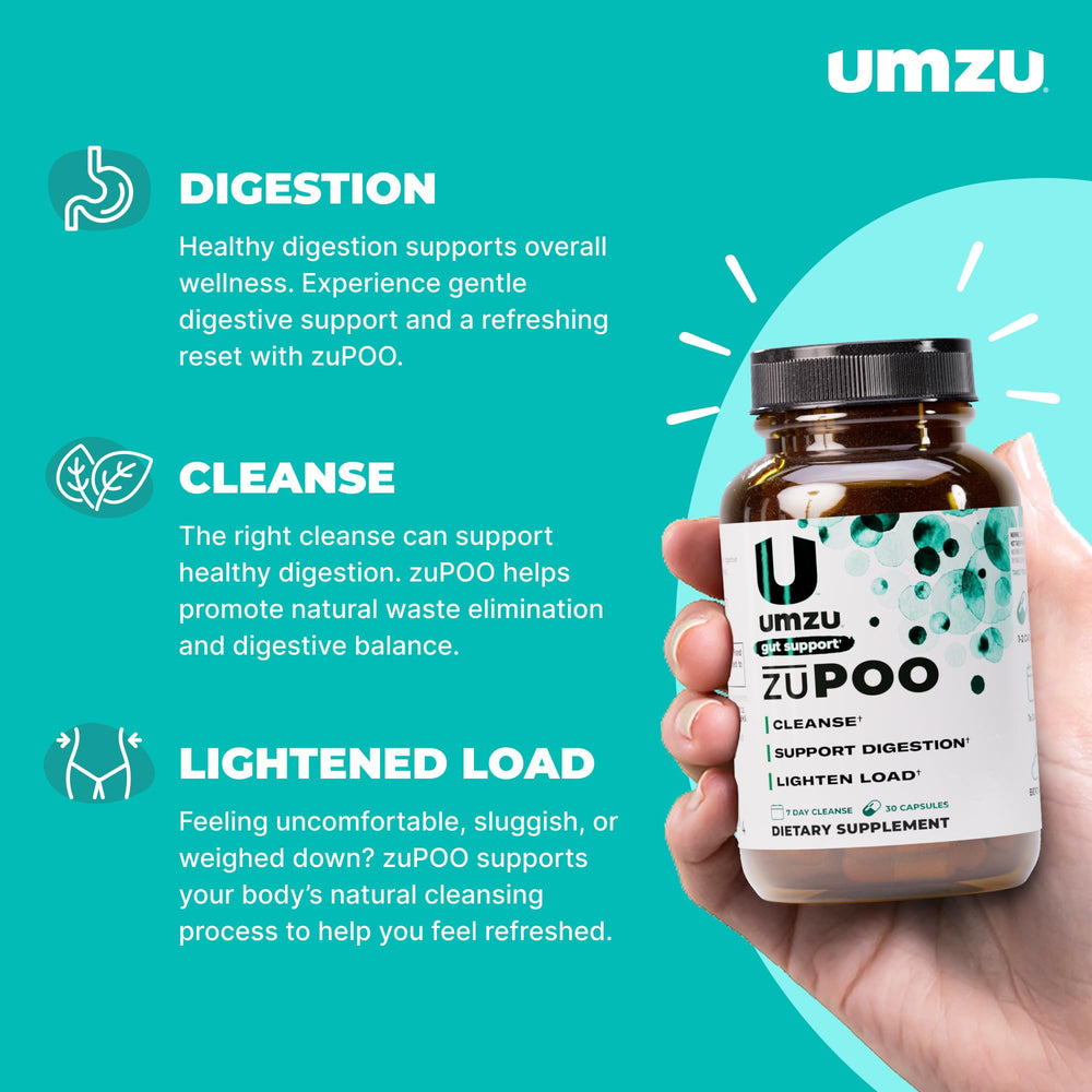 UMZU zuPOO capsules close-up, highlighting plant-based ingredients for regularity.
