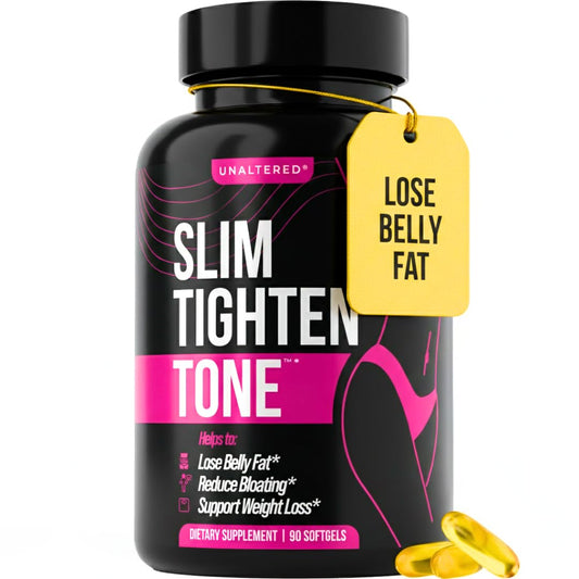 UNALTERED Belly Fat Burner caplets on bottle promoting balanced body composition