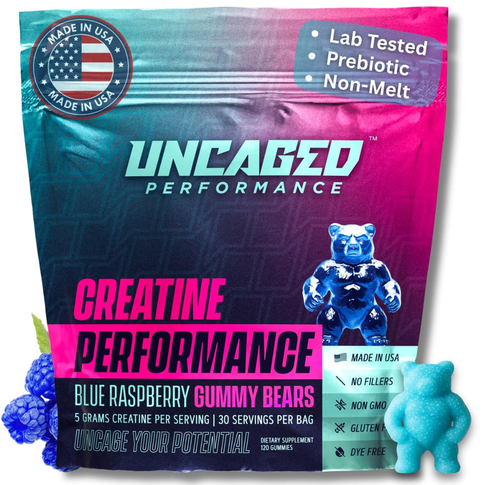 Uncaged Performance creatine gummies blue raspberry bottle for convenient post-workout support.