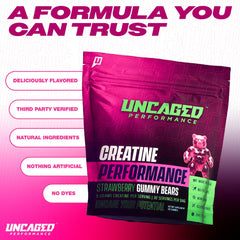 Uncaged Performance gummies lab-tested seal close-up confirms third-party verification.