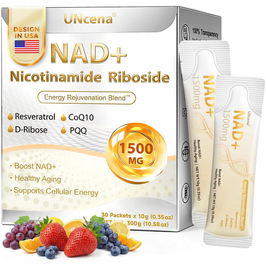 UNcena NAD+ liquid bottle closeup shows liposomal formula for daily energy support.