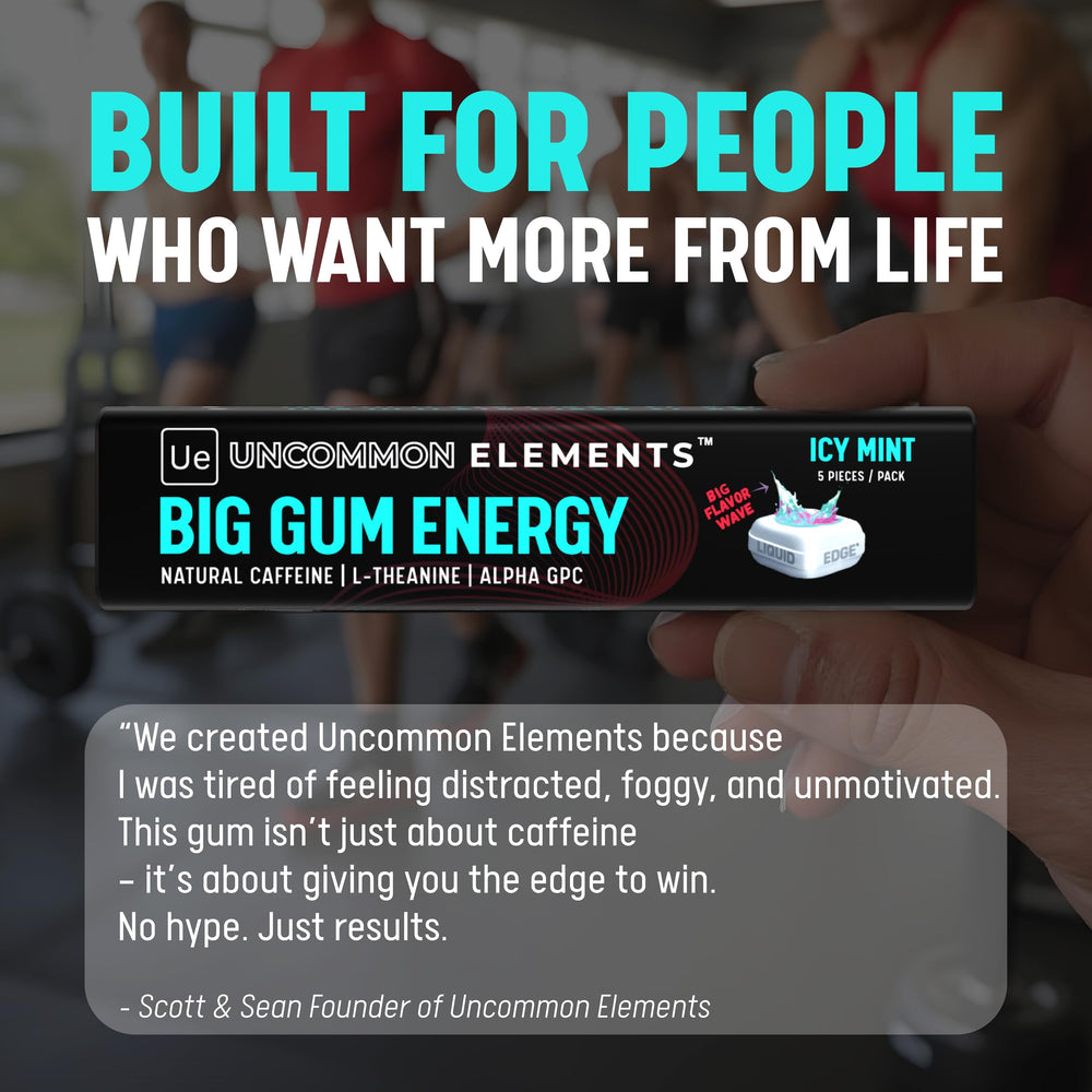 UNCOMMON ELEMENTS BIG GUM ENERGY icy mint label highlights ingredients and benefits.