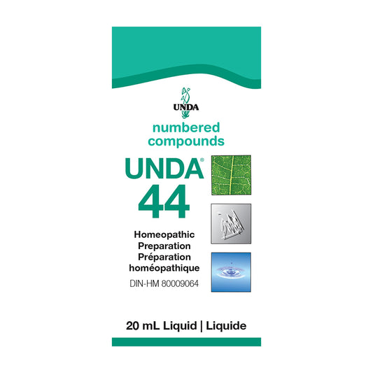 UNDA 44 Numbered Compounds bottle front showing premium homeopathic quality