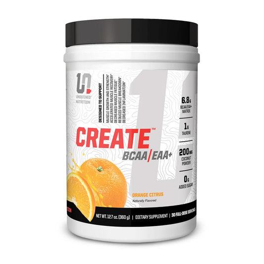 Undefined Nutrition Create BCAA/EAA+ Orange Citrus bottle showing refreshing color and label for quick recovery