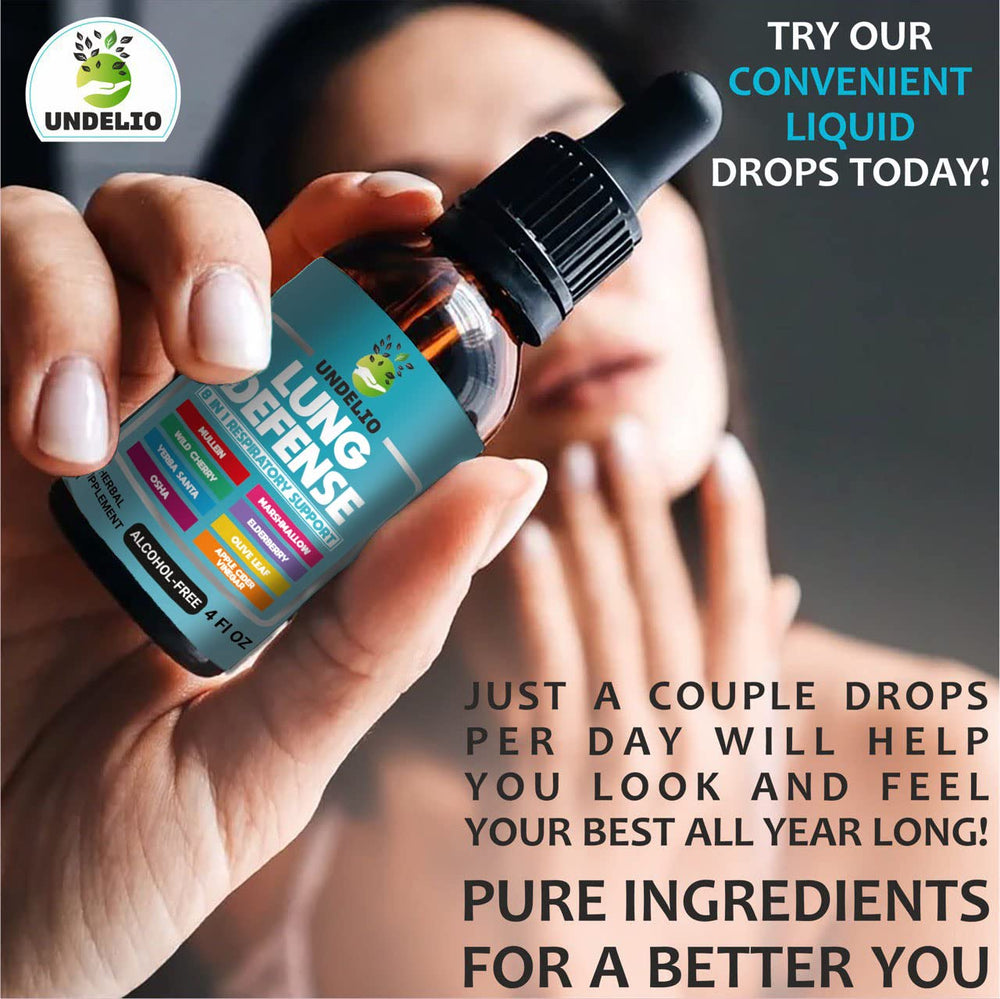 Undelio Lung Defense bottle ingredients shot emphasizes convenient daily dosing.