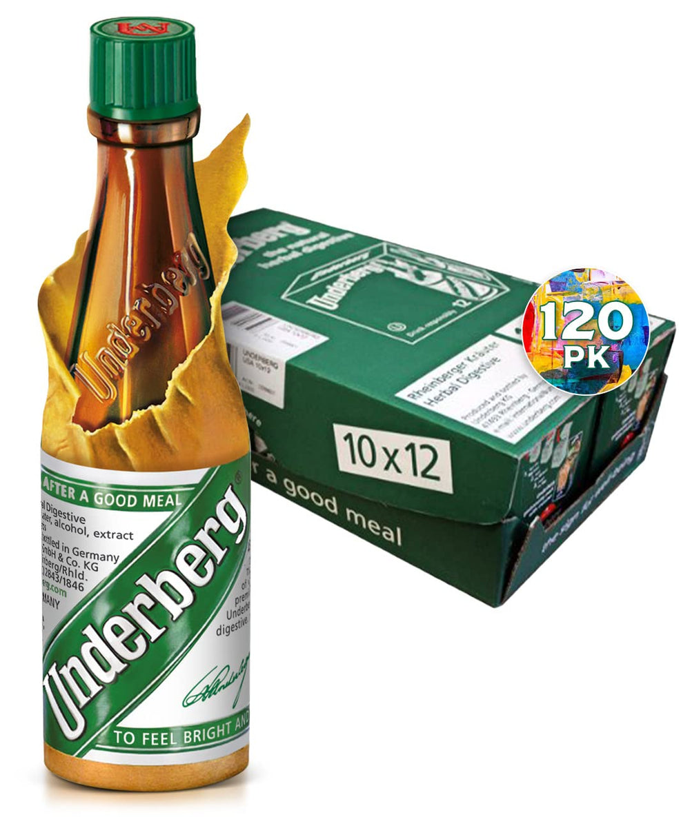 Underberg full-case display after meals supports a convenient digestion ritual.