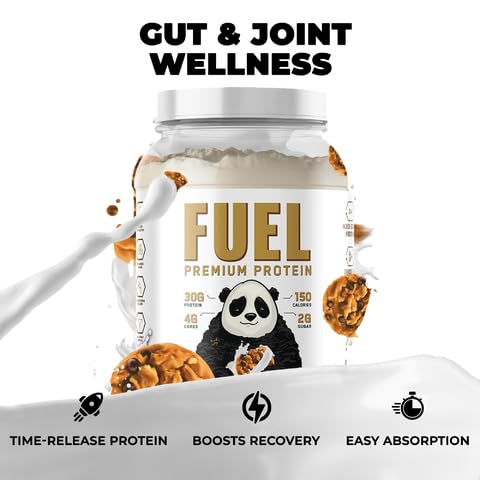 Panda Fuel powder being poured into shaker highlights lean carb and low-sugar profile.