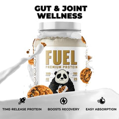 Panda Fuel powder being poured into shaker highlights lean carb and low-sugar profile.
