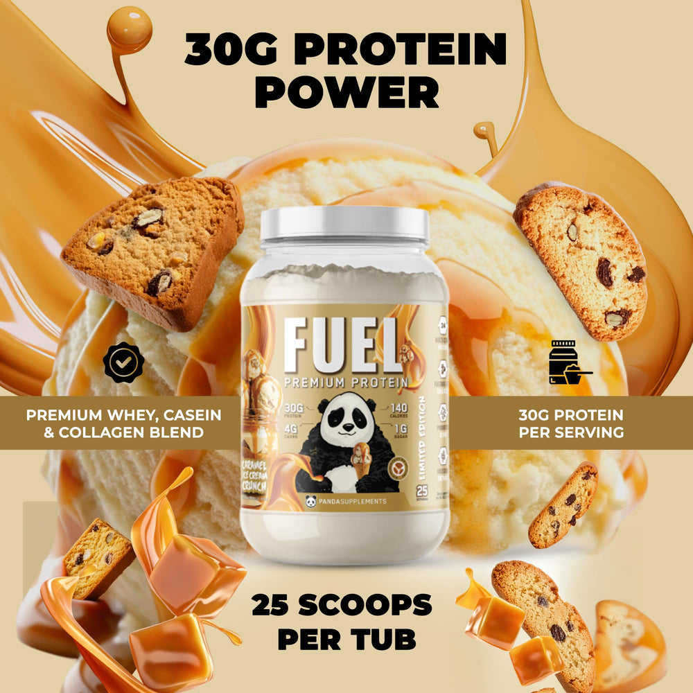 Panda Fuel shaker with label emphasizes keto-friendly protein blend.