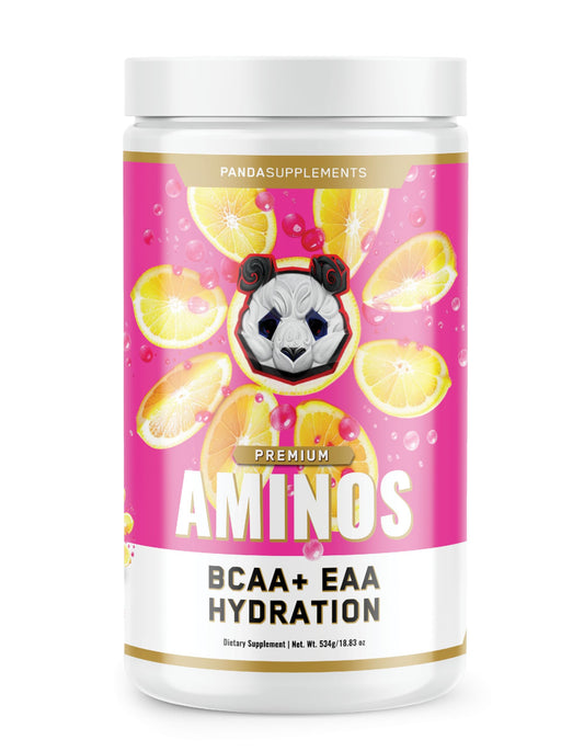 Underground Bio Labs Panda Supps Aminos pink lemonade bottle supports hydration and recovery.