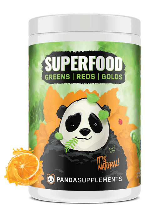 Underground Bio Labs Panda Supps greens bottle front with pineapple greens flavor.
