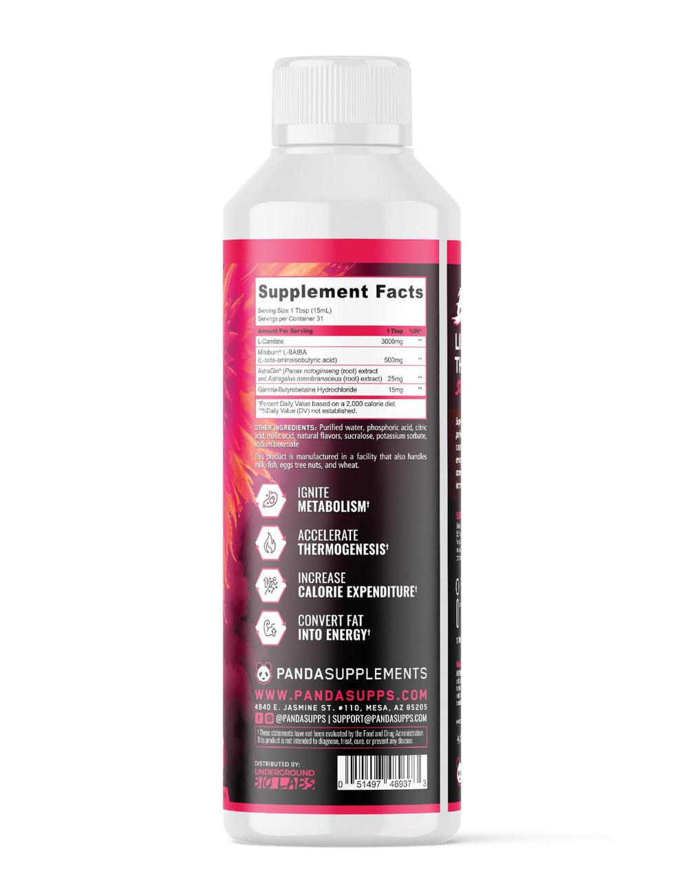 Underground Bio Labs Panda Supps Liquid Burn bottle side emphasizes portable daily energy support