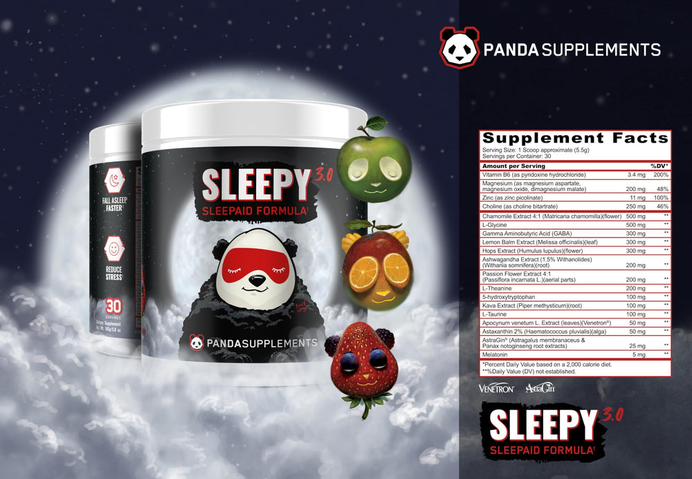 Panda Supps Sleepy 3.0 label close-up showing melatonin and GABA information.