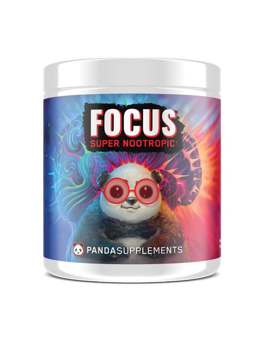 Underground Bio Labs Panda Supps Focus bottle close-up highlighting energy-boosting formula.