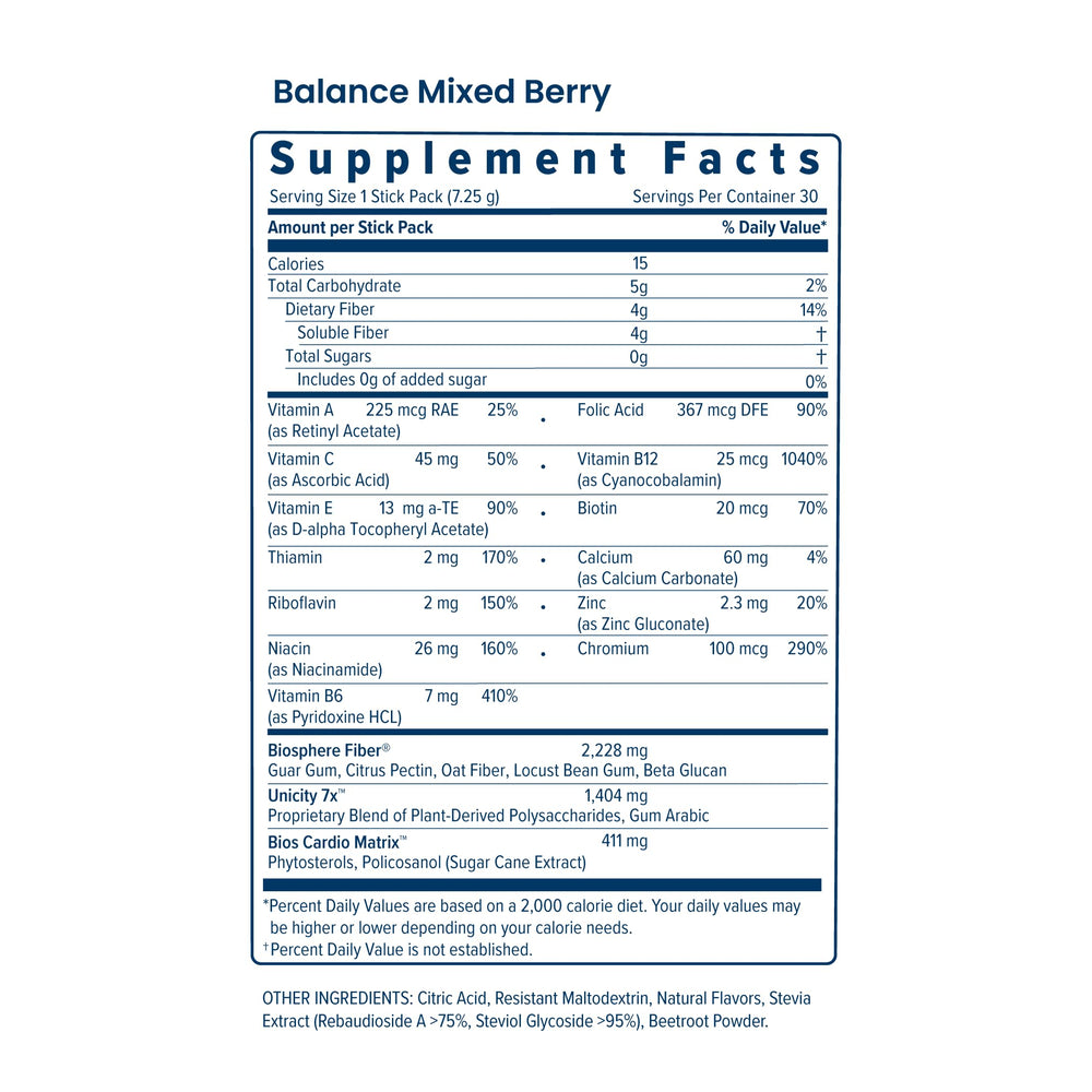 Unicity Balance Mixed Berry powder stirred in a glass for a berry flavor boost.