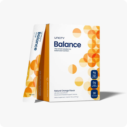 Unicity Balance Natural Orange packet on counter, supporting appetite control.