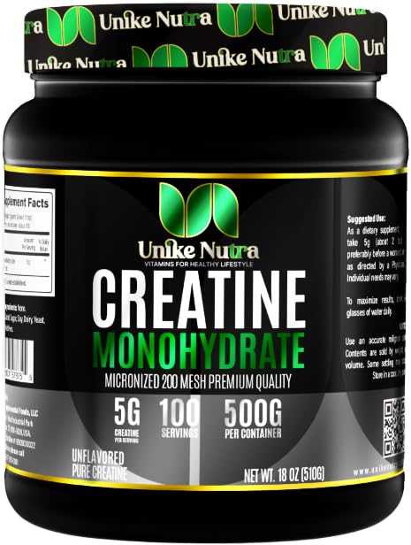 Unike Nutra Pure Creatine Monohydrate powder bottle with scoop for workouts