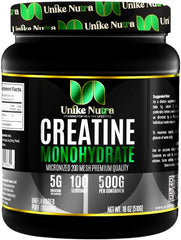 Unike Nutra Pure Creatine Monohydrate powder bottle with scoop for workouts
