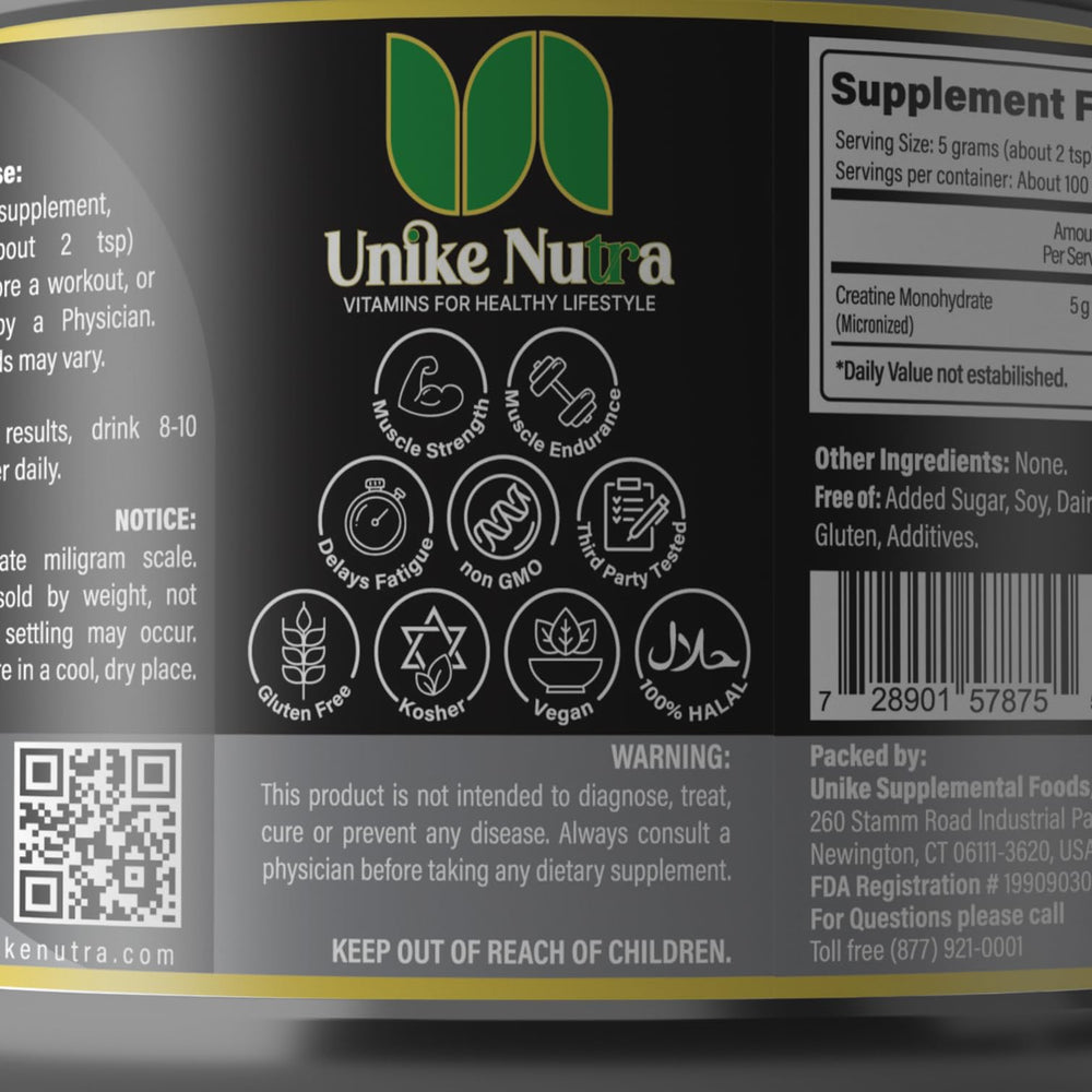 Unike Nutra Creatine Monohydrate in gym bag with shaker
