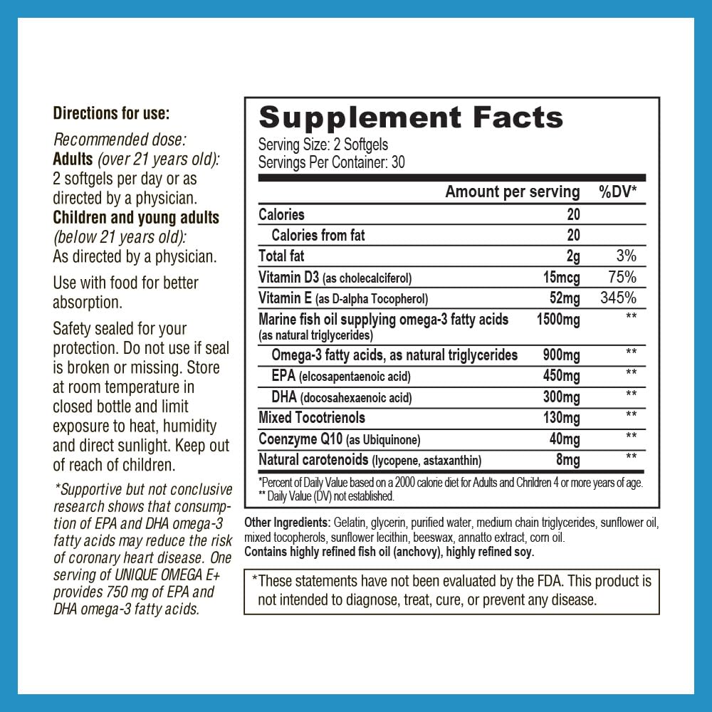 Unique E Omega E+ pure ingredients with no fillers and carotenoids.