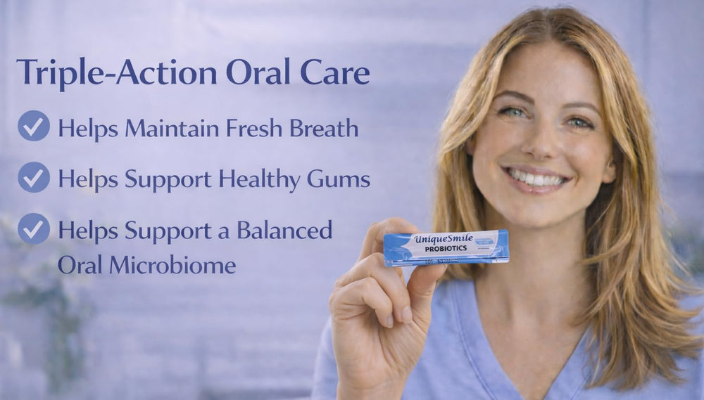 US-made UniqueSmile Probiotics label highlighting quality manufacturing