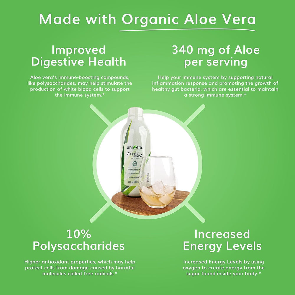 Univera Aloe Select Original juice in glass shows a refreshing aloe beverage.