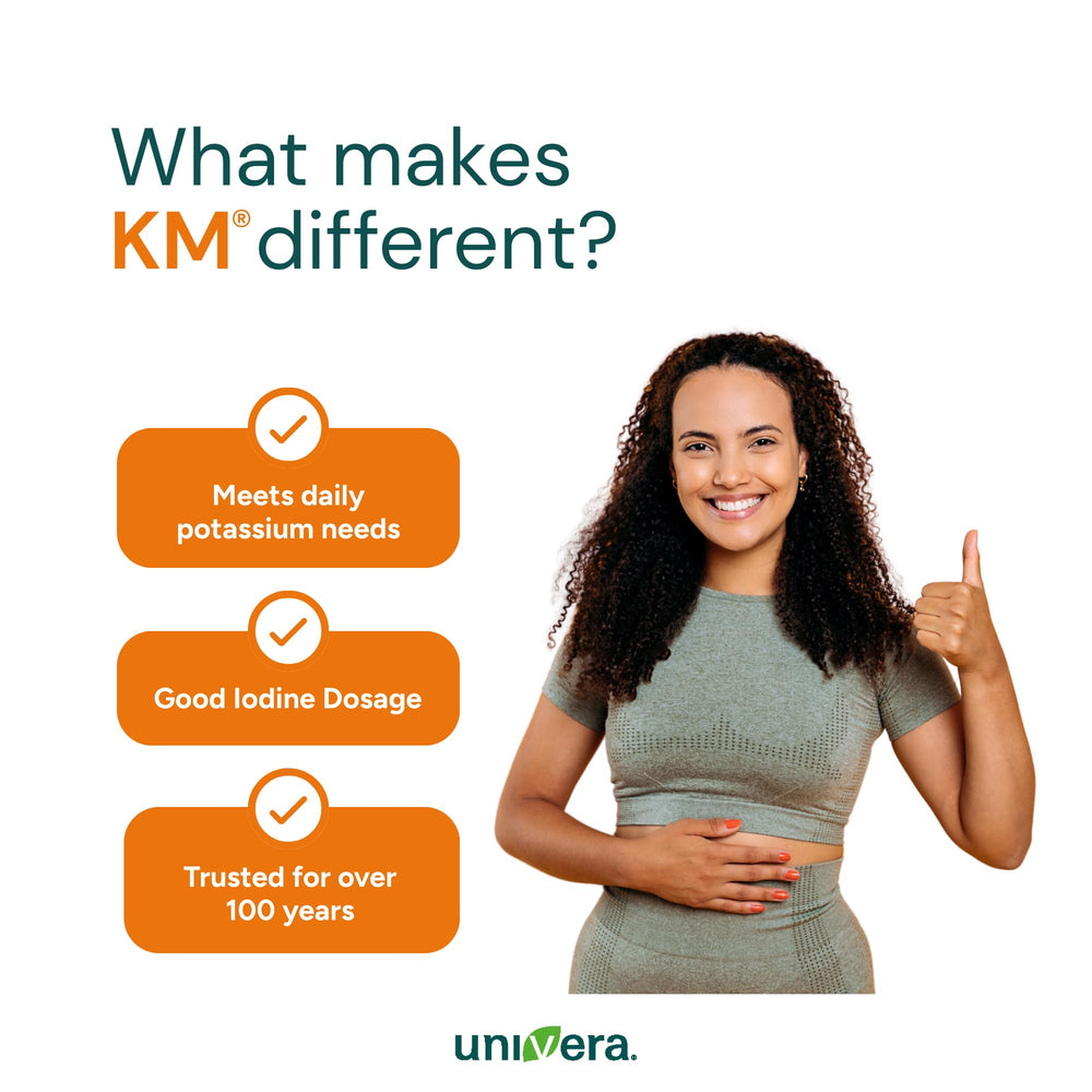 Univera KM bottle with measuring spoon shows simple daily dosing.