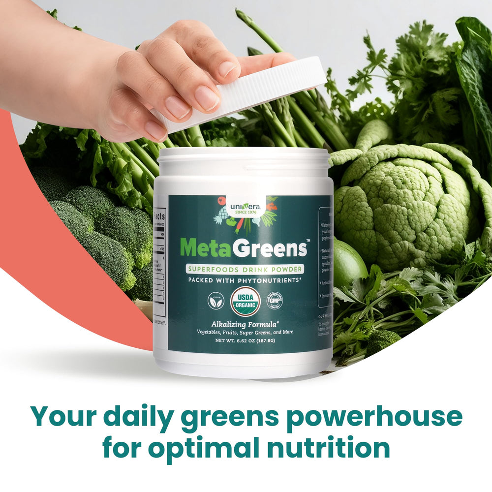 Univera Metagreens powder in water illustrates quick mix.
