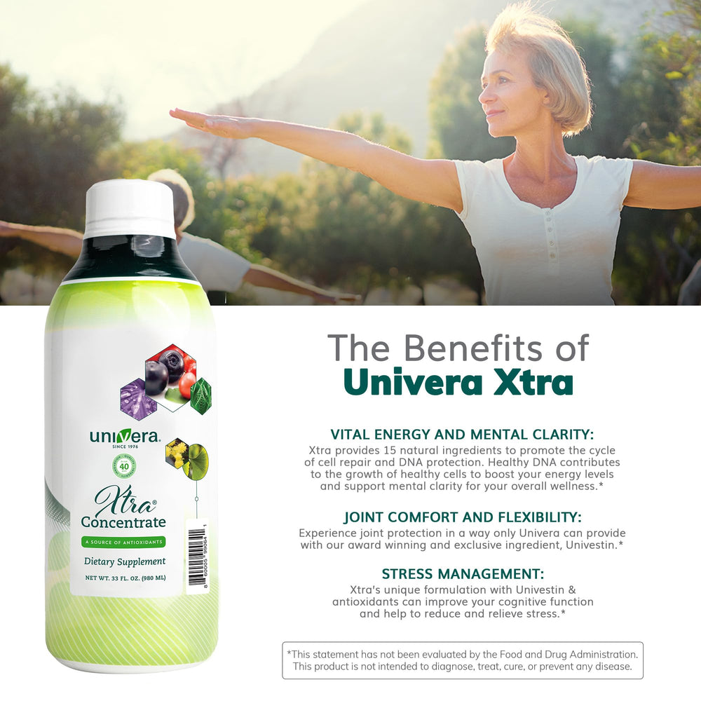 Close-up of natural ingredients on Univera Xtra Concentrate packaging emphasizes 15 nourishing components.
