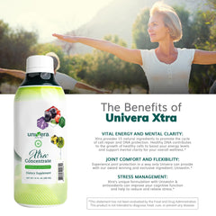 Close-up of natural ingredients on Univera Xtra Concentrate packaging emphasizes 15 nourishing components.