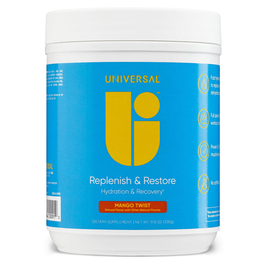 Universal U Replenish & Restore bottle pour for rapid post-workout hydration.