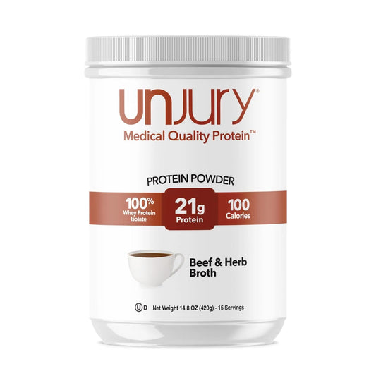 Unjury Beef and Herb protein powder tub shows 100% whey isolate for clean nutrition.