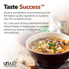 Unjury Beef & Herb powder-dispensing into milk, versatile shake option.