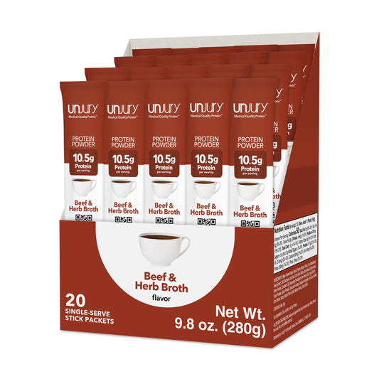 Unjury Beef & Herb stick-pack box front, convenient single-serving protein on the go.