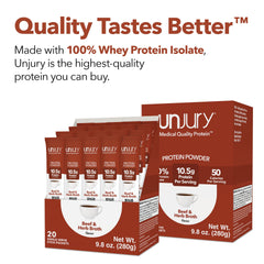 Unjury Beef & Herb stick-pack opening, easy-to-use sip-and-go protein.